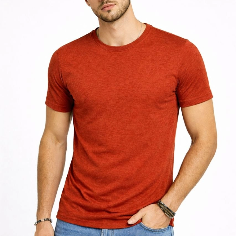 Erkek Flam Kumaş Melanj Dokulu Regular Fit Tişört Bisiklet Yaka Yazlık T-Shirt - Kiremit