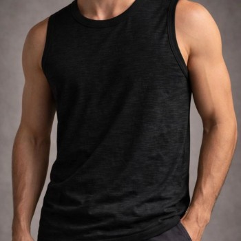 Erkek Flamlı Kumaş Kolsuz Atlet Günlük Fitness Spor T-Shirt - Siyah