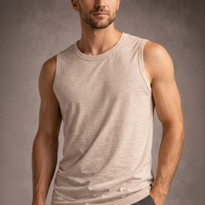 Erkek Flamlı Kumaş Kolsuz Atlet Günlük Fitness Spor T-Shirt - Taş