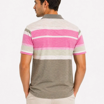 Erkek Flamlı Penye Çizgili Polo Yaka Tişört Kısa Kol Yazlık T-Shirt - Gri