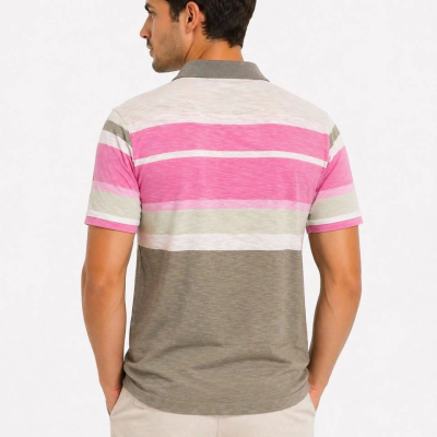 Erkek Flamlı Penye Çizgili Polo Yaka Tişört Kısa Kol Yazlık T-Shirt - Gri