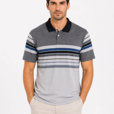 Erkek Flamlı Penye Çizgili Polo Yaka Tişört Kısa Kol Yazlık T-Shirt - Gri