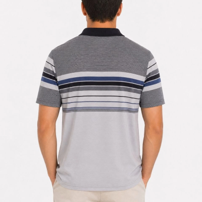 Erkek Flamlı Penye Çizgili Polo Yaka Tişört Kısa Kol Yazlık T-Shirt - Gri