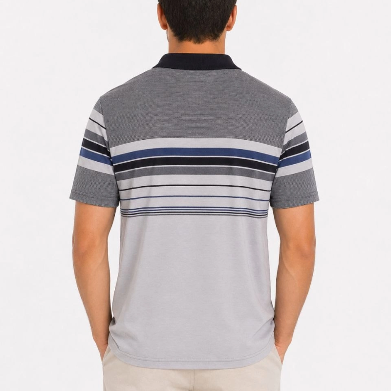 Erkek Flamlı Penye Çizgili Polo Yaka Tişört Kısa Kol Yazlık T-Shirt - Gri