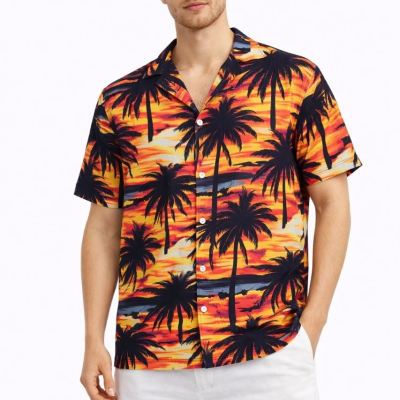 Erkek Gün Batımı Palmiye Desenli Kısa Kol Gömlek Hawaii Tarz Yazlık Rahat Kalıp - Desenli