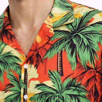Erkek Hawaii Tarz Tropikal Palmiye Desenli Kısa Kol Gömlek Rahat Kalıp Yazlık - Desenli