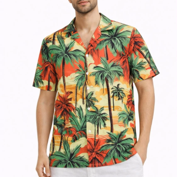 Erkek Hawaii Tarz Tropikal Palmiye Desenli Kısa Kol Gömlek Rahat Kalıp Yazlık - Desenli