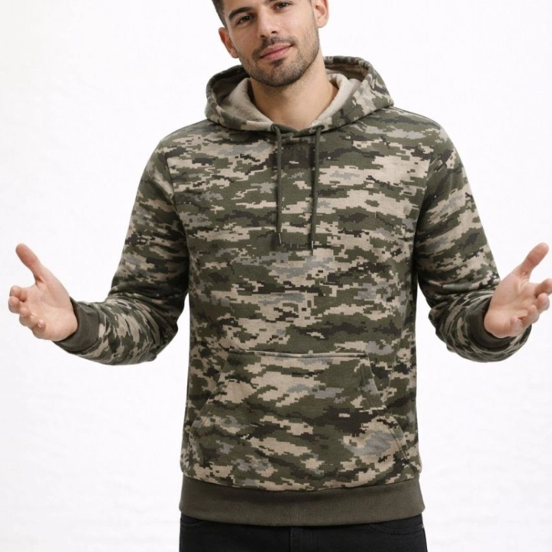 Erkek Kamuflaj Desenli 2 İplik 4 Mevsim Kapüşonlu Kanguru Cepli Hoodie Sweatshirt - Kamuflaj