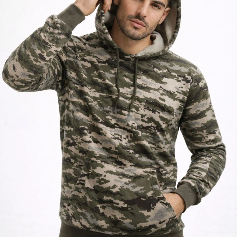 Erkek Kamuflaj Desenli 2 İplik 4 Mevsim Kapüşonlu Kanguru Cepli Hoodie Sweatshirt - Kamuflaj
