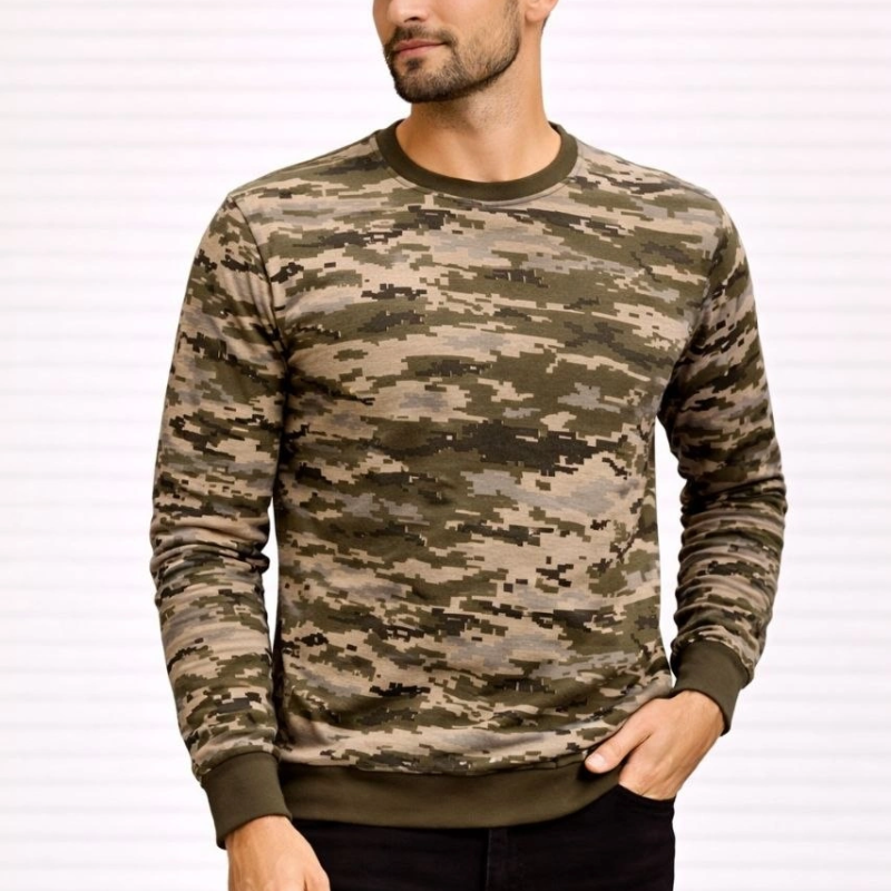 Erkek Kamuflaj Desenli 2 İplik 4 Mevsim Uzun Kollu Bisiklet Yaka Sweatshirt - Kamuflaj