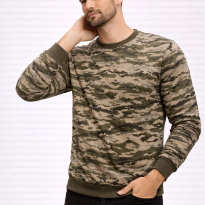 Erkek Kamuflaj Desenli 2 İplik 4 Mevsim Uzun Kollu Bisiklet Yaka Sweatshirt - Kamuflaj