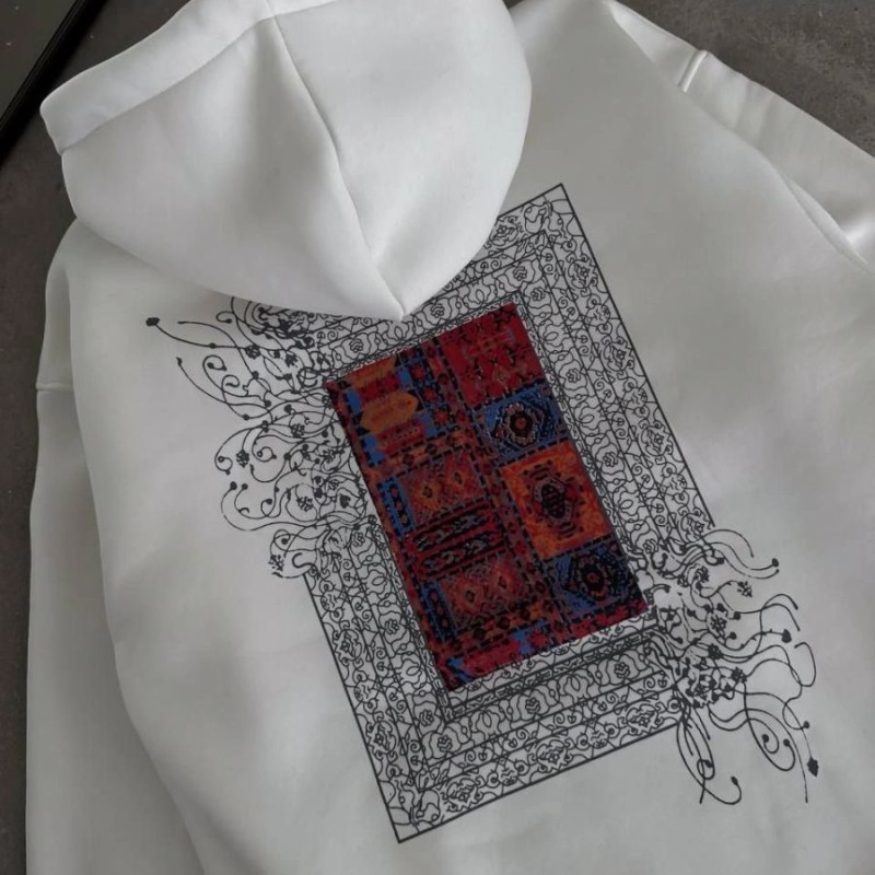 Erkek Kapüşonlu Kanguru Cepli Sweatshirt 3 İplik Pamuklu Baskılı Hoodie - Beyaz
