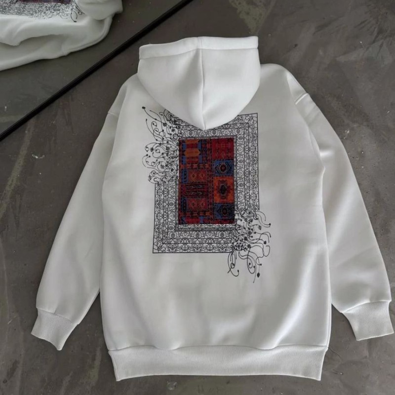 Erkek Kapüşonlu Kanguru Cepli Sweatshirt 3 İplik Pamuklu Baskılı Hoodie - Beyaz
