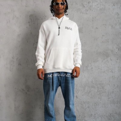 Erkek Kapüşonlu Kanguru Cepli Sweatshirt 3 İplik Pamuklu Baskılı Hoodie - Beyaz