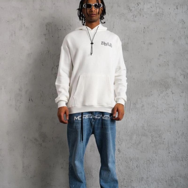 Erkek Kapüşonlu Kanguru Cepli Sweatshirt 3 İplik Pamuklu Baskılı Hoodie - Beyaz