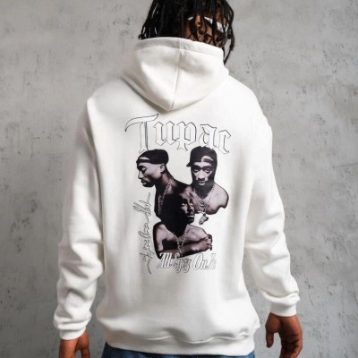 Erkek Kapüşonlu Kanguru Cepli Sweatshirt 3 İplik Pamuklu Baskılı Hoodie - Beyaz