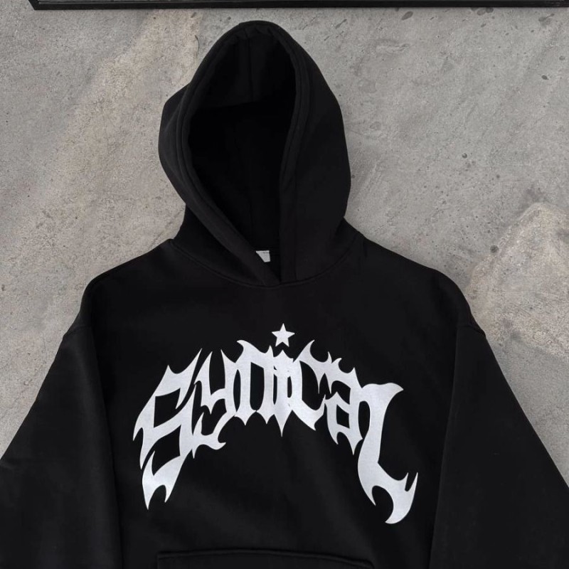 Erkek Kapüşonlu Kanguru Cepli Sweatshirt 3 İplik Pamuklu Baskılı Hoodie - Siyah