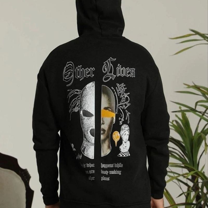Erkek Kapüşonlu Kanguru Cepli Sweatshirt 3 İplik Pamuklu Baskılı Hoodie - Siyah