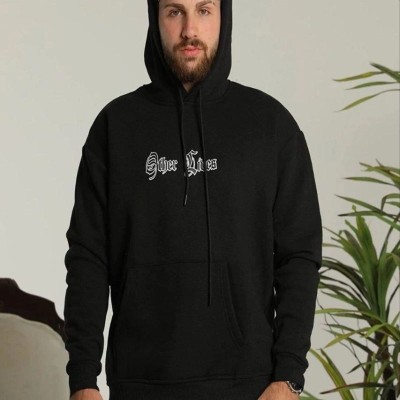 Erkek Kapüşonlu Kanguru Cepli Sweatshirt 3 İplik Pamuklu Baskılı Hoodie - Siyah