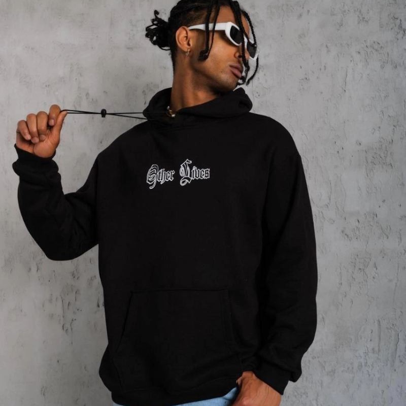Erkek Kapüşonlu Kanguru Cepli Sweatshirt 3 İplik Pamuklu Baskılı Hoodie - Siyah
