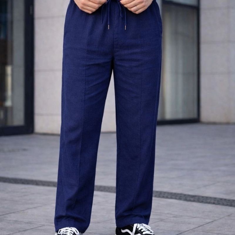 Erkek Keten Cepli Çıma Dikişli jogger Buggy Pantalon Rahat kalıp - Lacivert