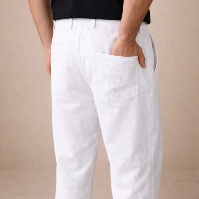 Erkek Keten Cepli Pantolon Lastikli Bel Bağcıklı Önden Fermuarlı - Beyaz