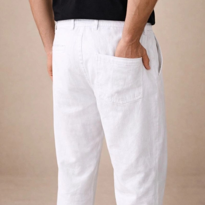 Erkek Keten Cepli Pantolon Lastikli Bel Bağcıklı Önden Fermuarlı - Beyaz