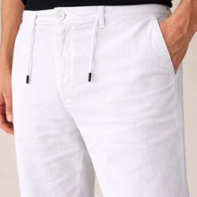 Erkek Keten Cepli Pantolon Lastikli Bel Bağcıklı Önden Fermuarlı - Beyaz
