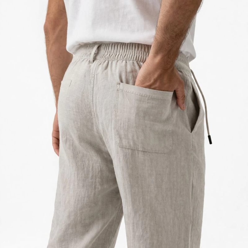 Erkek Keten Cepli Pantolon Lastikli Bel Bağcıklı Önden Fermuarlı - Gri