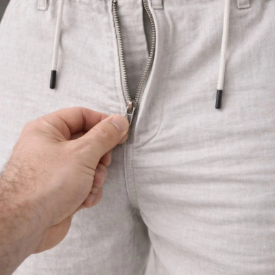 Erkek Keten Cepli Pantolon Lastikli Bel Bağcıklı Önden Fermuarlı - Gri