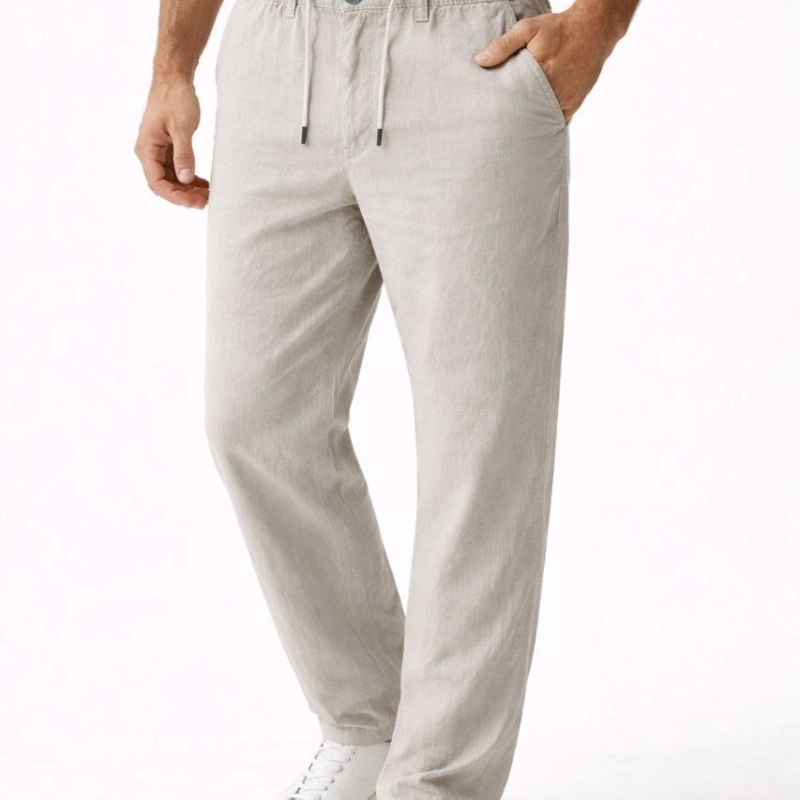Erkek Keten Cepli Pantolon Lastikli Bel Bağcıklı Önden Fermuarlı - Gri