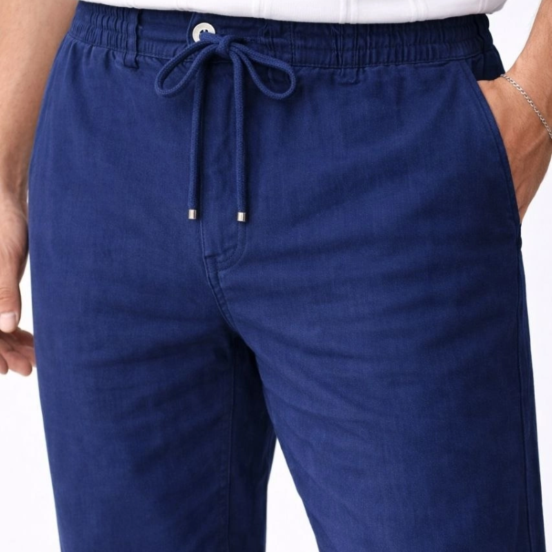 Erkek Keten Cepli Pantolon Lastikli Bel Bağcıklı Önden Fermuarlı - İndigo