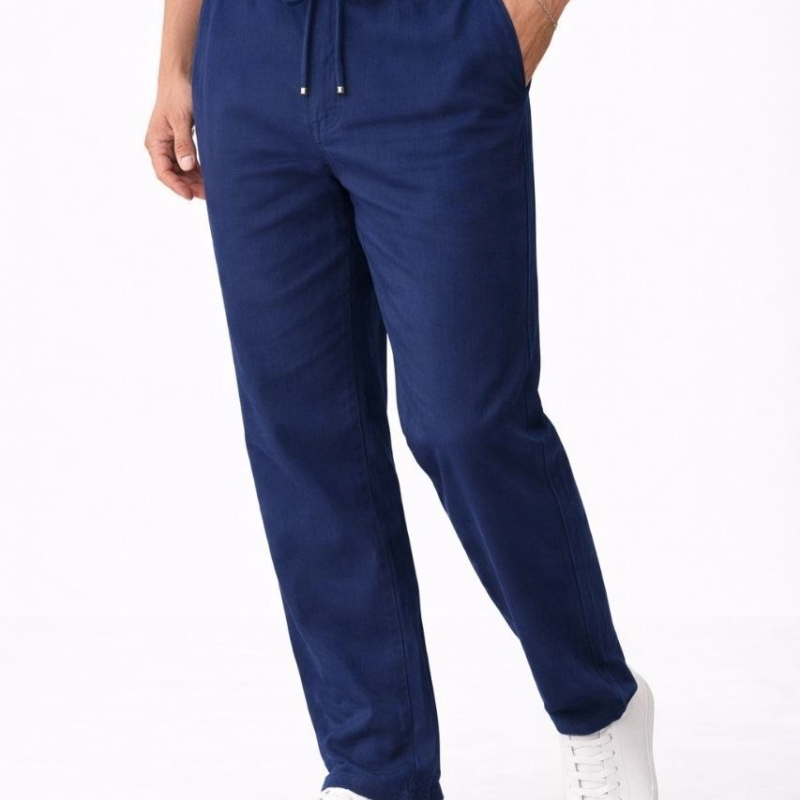 Erkek Keten Cepli Pantolon Lastikli Bel Bağcıklı Önden Fermuarlı - İndigo