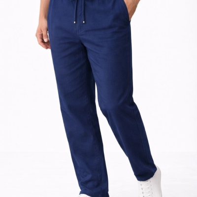 Erkek Keten Cepli Pantolon Lastikli Bel Bağcıklı Önden Fermuarlı - İndigo