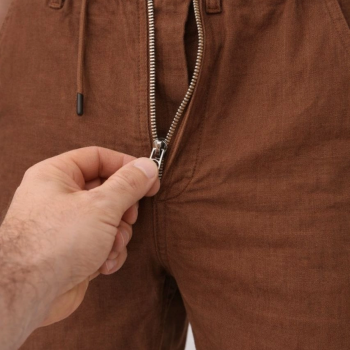 Erkek Keten Cepli Pantolon Lastikli Bel Bağcıklı Önden Fermuarlı - Kahverengi