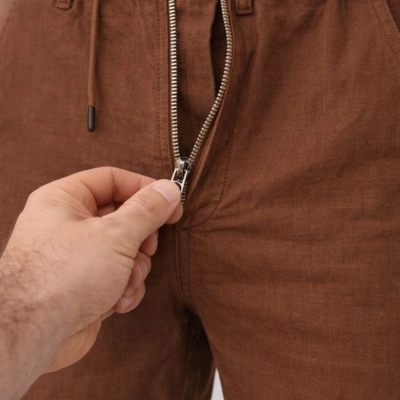 Erkek Keten Cepli Pantolon Lastikli Bel Bağcıklı Önden Fermuarlı - Kahverengi