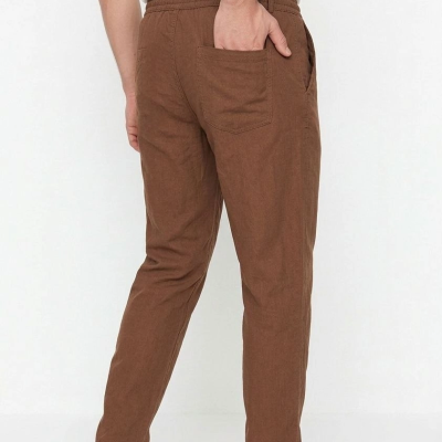 Erkek Keten Cepli Pantolon Lastikli Bel Bağcıklı Önden Fermuarlı - Kahverengi