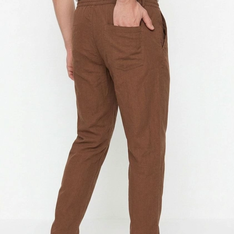 Erkek Keten Cepli Pantolon Lastikli Bel Bağcıklı Önden Fermuarlı - Kahverengi