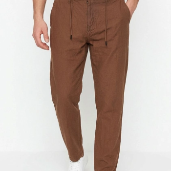 Erkek Keten Cepli Pantolon Lastikli Bel Bağcıklı Önden Fermuarlı - Kahverengi