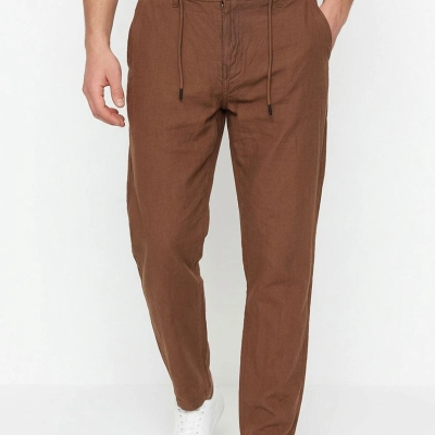 Erkek Keten Cepli Pantolon Lastikli Bel Bağcıklı Önden Fermuarlı - Kahverengi