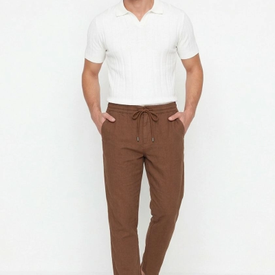 Erkek Keten Cepli Pantolon Lastikli Bel Bağcıklı Önden Fermuarlı - Kahverengi