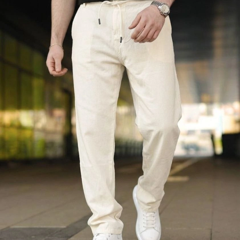 Erkek Keten Cepli Pantolon Lastikli Bel Bağcıklı Önden Fermuarlı - Krem