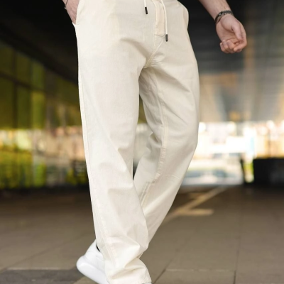 Erkek Keten Cepli Pantolon Lastikli Bel Bağcıklı Önden Fermuarlı - Krem