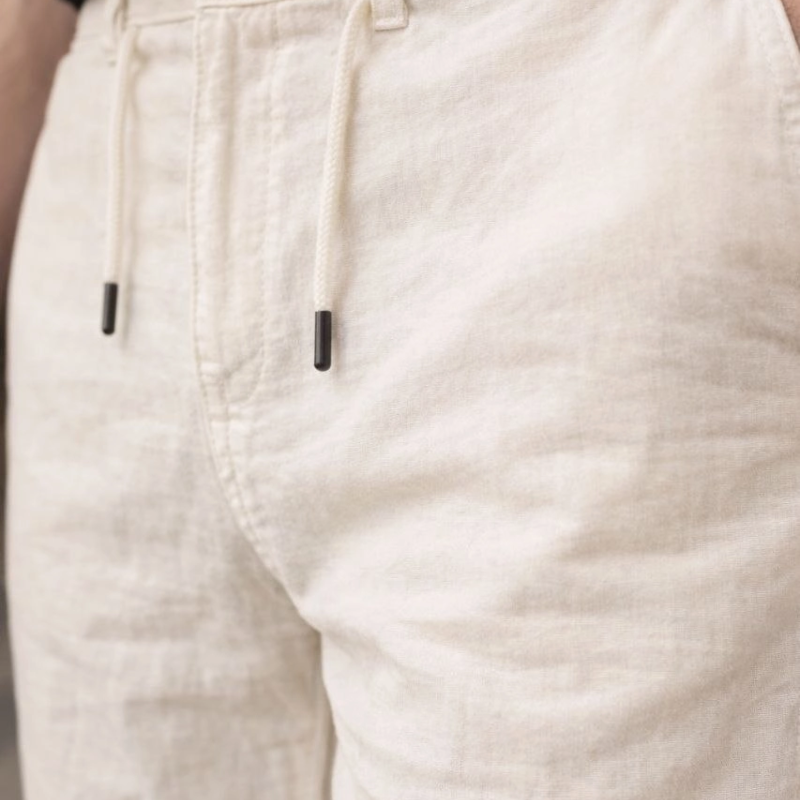 Erkek Keten Cepli Pantolon Lastikli Bel Bağcıklı Önden Fermuarlı - Krem
