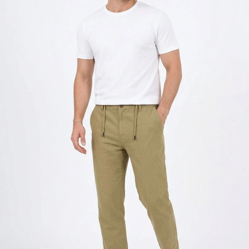 Erkek Keten Cepli Pantolon Lastikli Bel Bağcıklı Önden Fermuarlı - Mint Yeşili