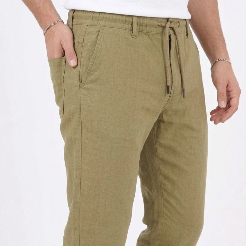 Erkek Keten Cepli Pantolon Lastikli Bel Bağcıklı Önden Fermuarlı - Mint Yeşili