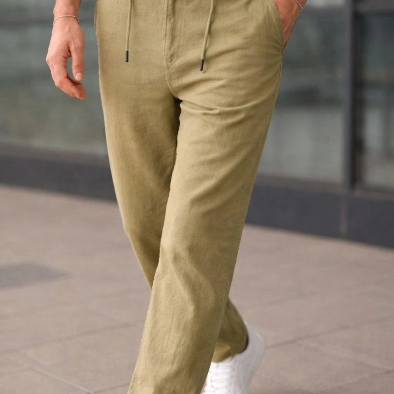 Erkek Keten Cepli Pantolon Lastikli Bel Bağcıklı Önden Fermuarlı - Mint Yeşili