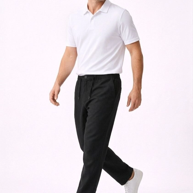 Erkek Keten Cepli Pantolon Lastikli Bel Bağcıklı Önden Fermuarlı - Siyah