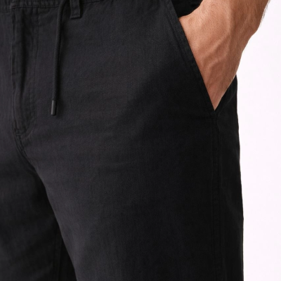 Erkek Keten Cepli Pantolon Lastikli Bel Bağcıklı Önden Fermuarlı - Siyah