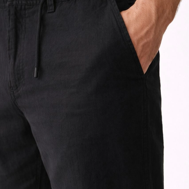 Erkek Keten Cepli Pantolon Lastikli Bel Bağcıklı Önden Fermuarlı - Siyah